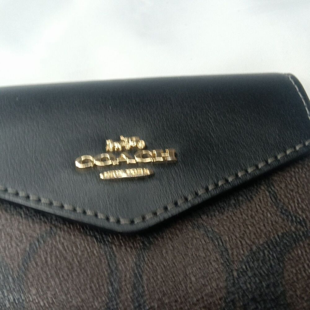 Coach Flap Card Case In Signature Canvas Brown Card Wallet - Picture 5 of 7